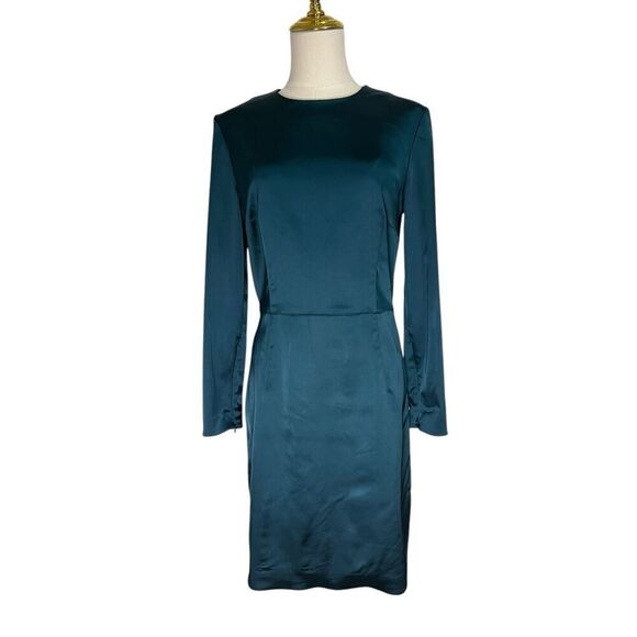 Theory Women’s 6 Satin Mini Dress Deep Arctic Teal Long Sleeve - Picture 3 of 9